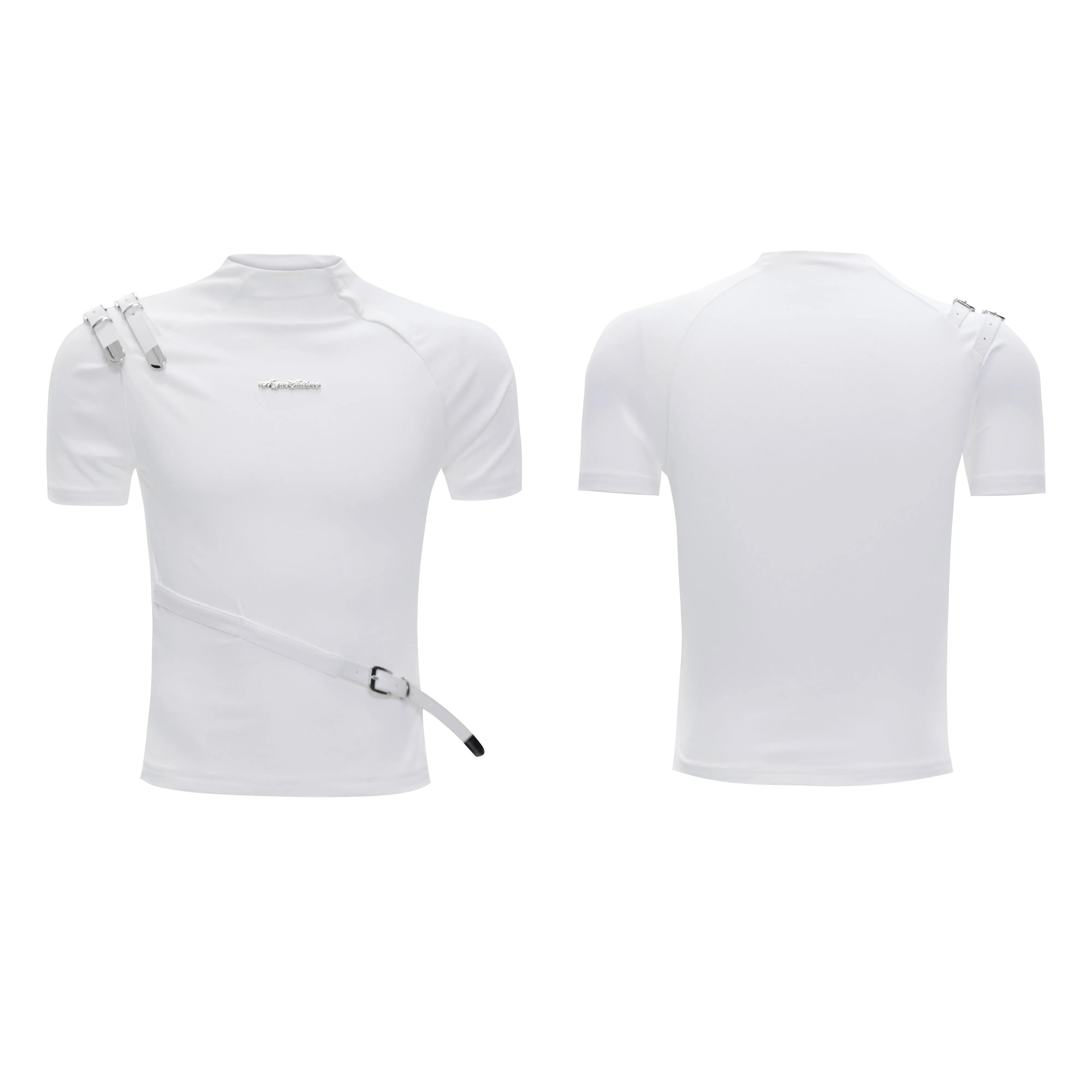 Men's slim fit cotton T-shirt with metal belt design and small stand-up collar
