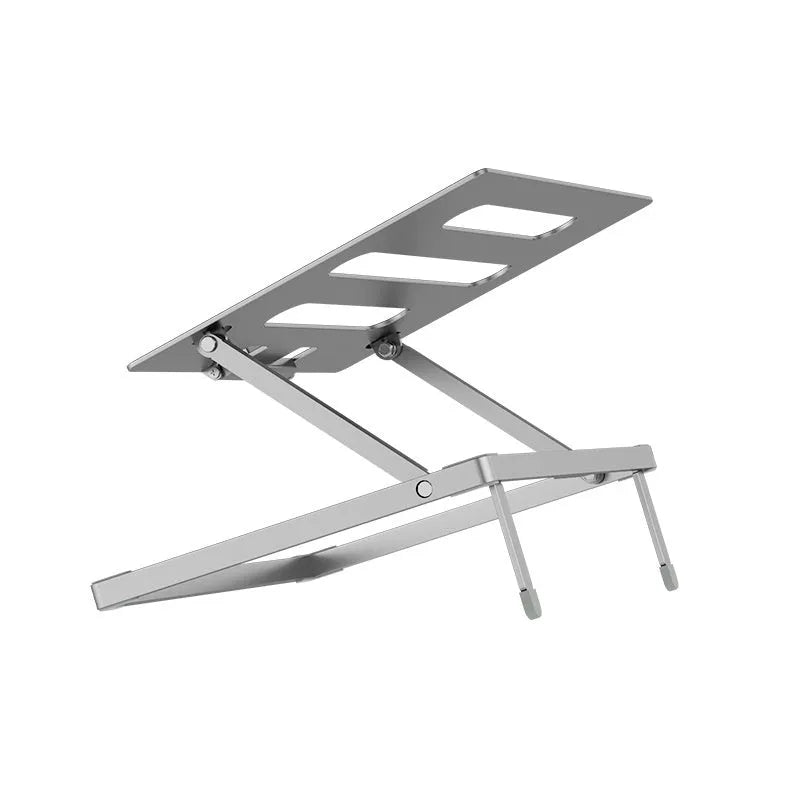 Silver aluminium folding laptop cooling stand with integrated fan showing dimensions 270x210mm