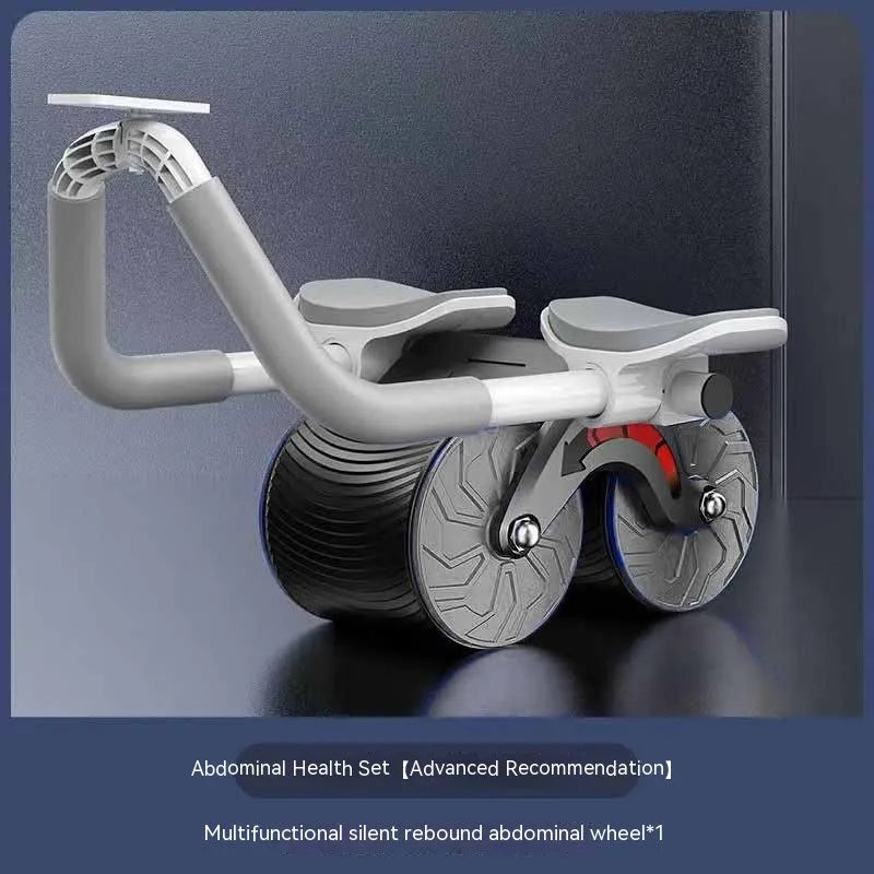 Black abdominal exercise wheel with automatic rebound mechanism next to a grey NBR yoga mat.
