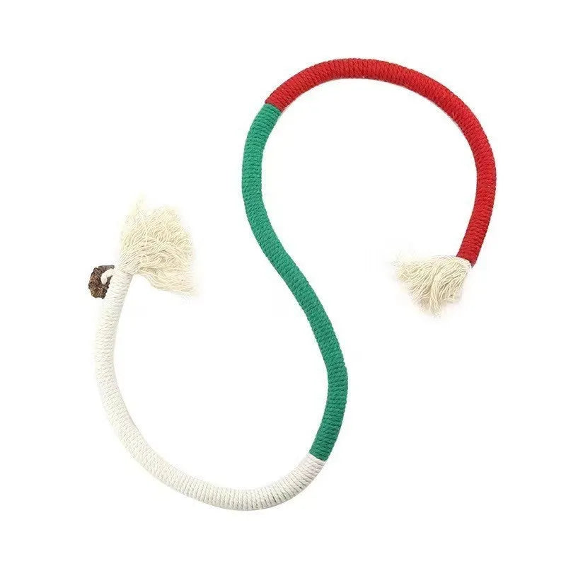 70cm long cat chew rope toy in three colours: purple, orange, and red with green, made from cotton string