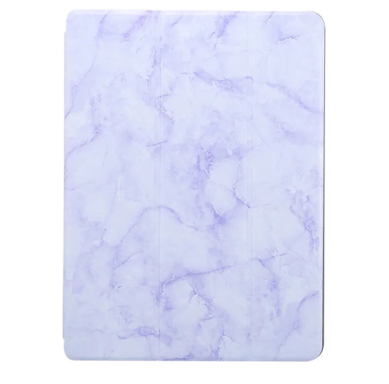 Tri-fold imitation leather iPad case with marbling pattern and integrated Apple Pencil slot.