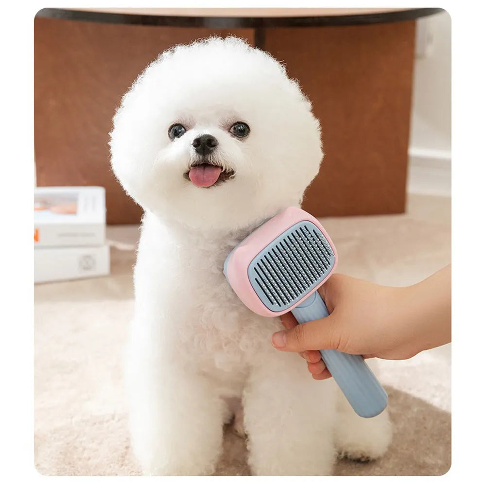 Red and blue pet grooming brush with double-sided deshedding comb for dogs and cats