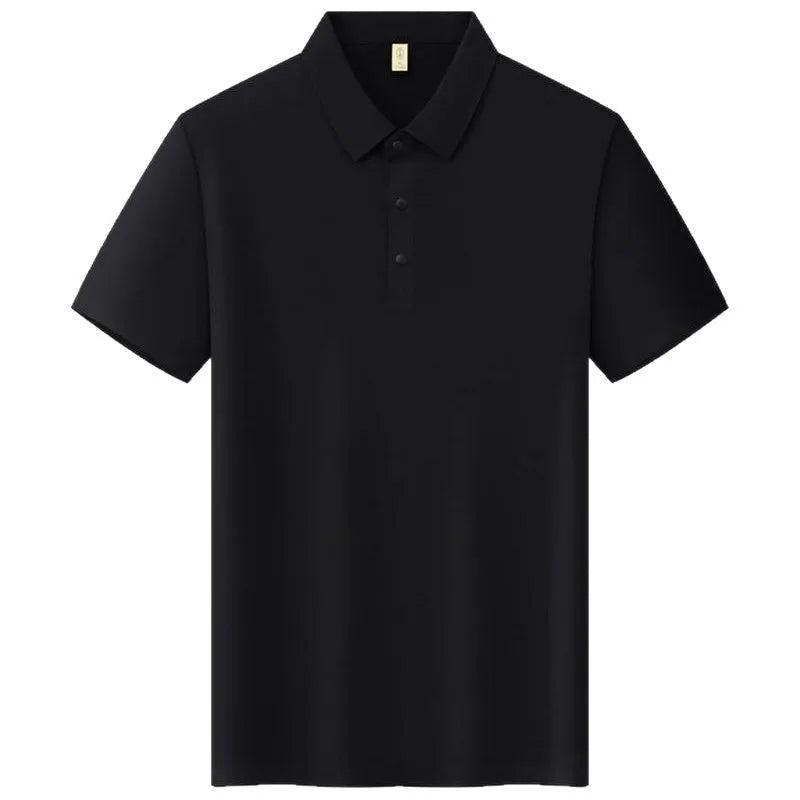 Men's solid colour seamless lapel t-shirt in black, slim fit, short sleeves, front view