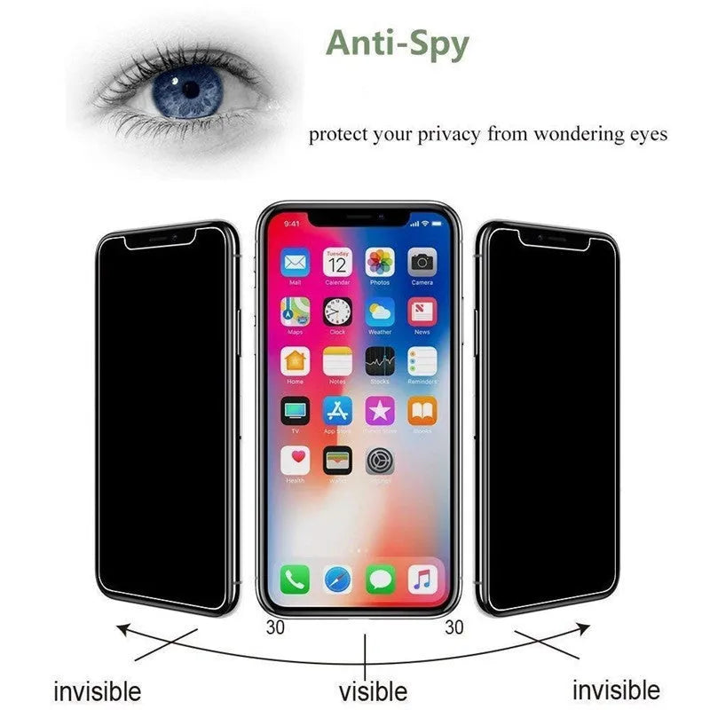 Black anti-peeping tempered glass screen protector for Apple iPhones on white background