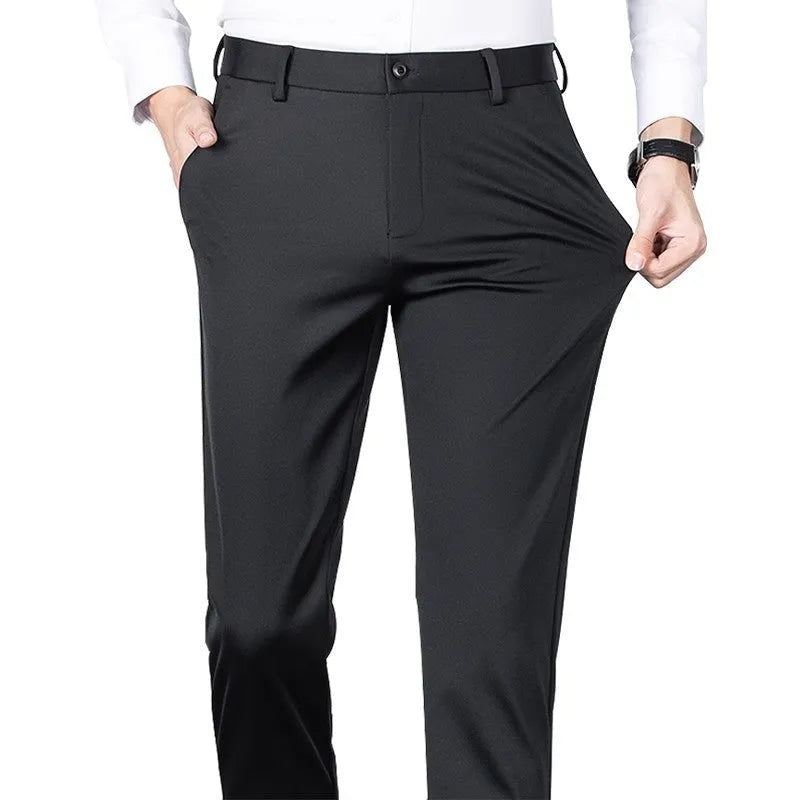 Men's black slim straight formal trousers made from polyester with micro-elastic waist, available in multiple colours and sizes 29-42