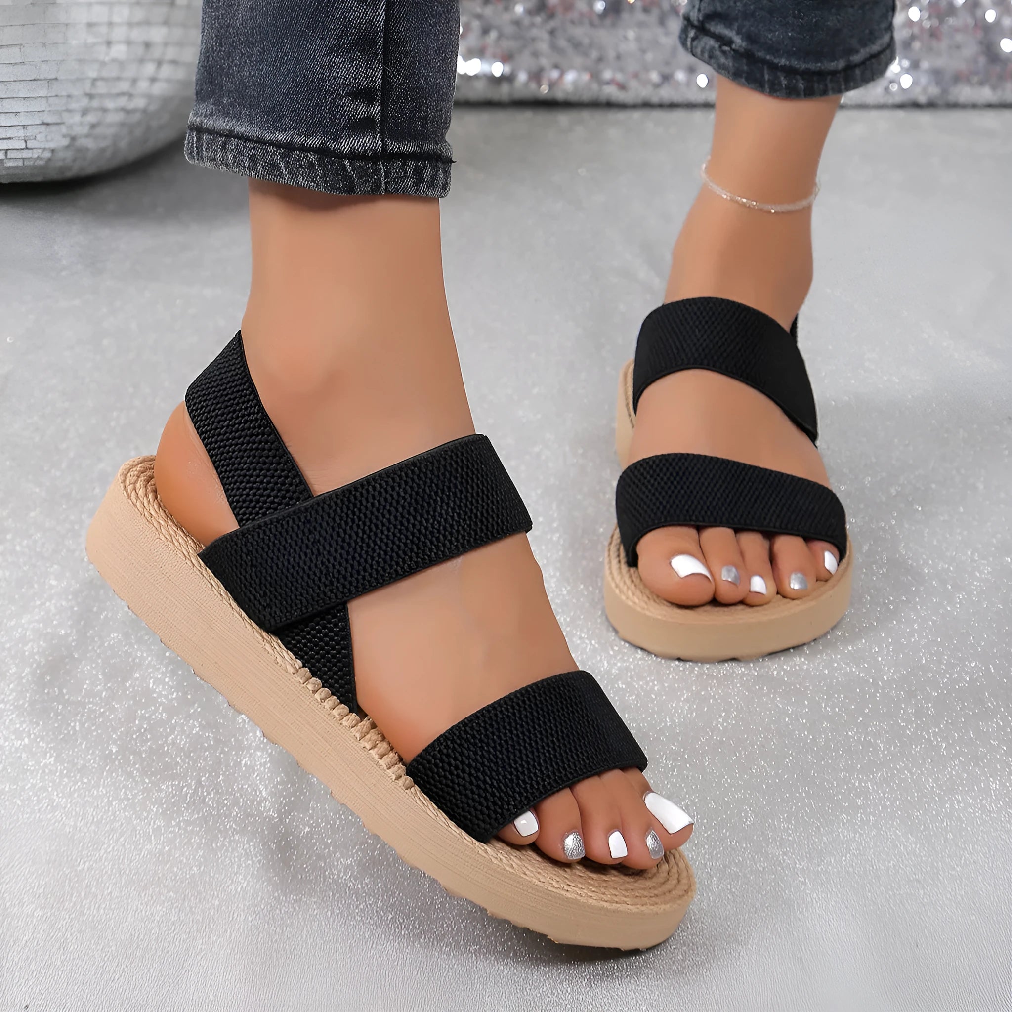 Women's flat wedge sandals, elastic upper, round toe, EVA sole, multiple colours, sizes 36-42