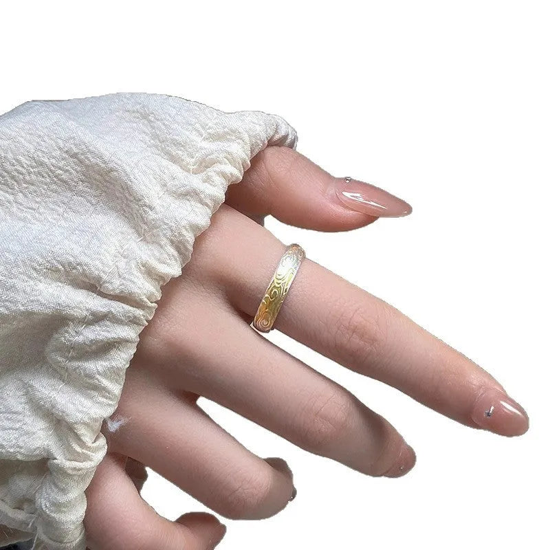 J14 Xiangyun open mouth ring with geometric pattern and gold silver electroplating on white copper
