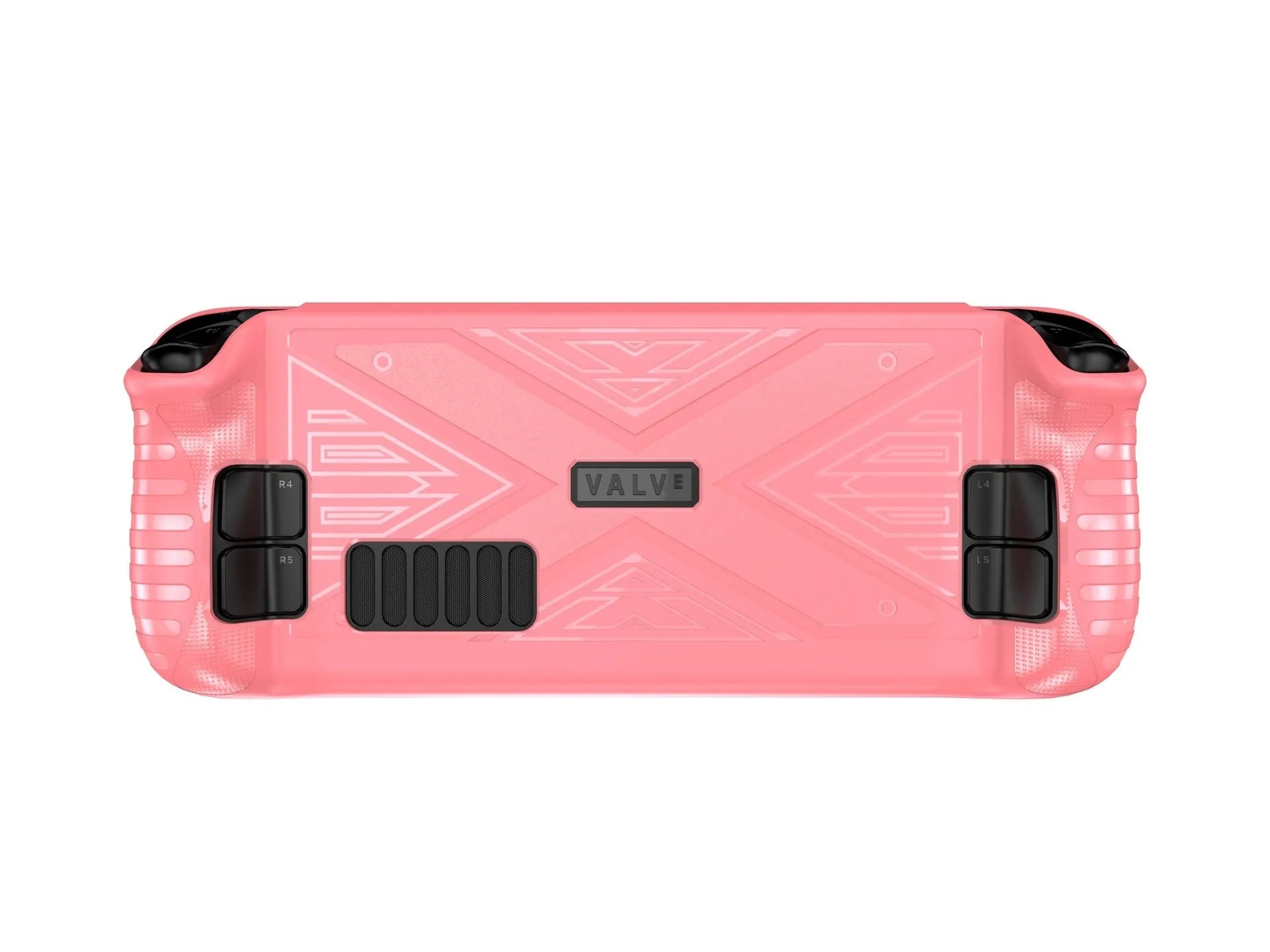 Red soft silicone protective cover for a Steam Deck gaming console on a grey background.
