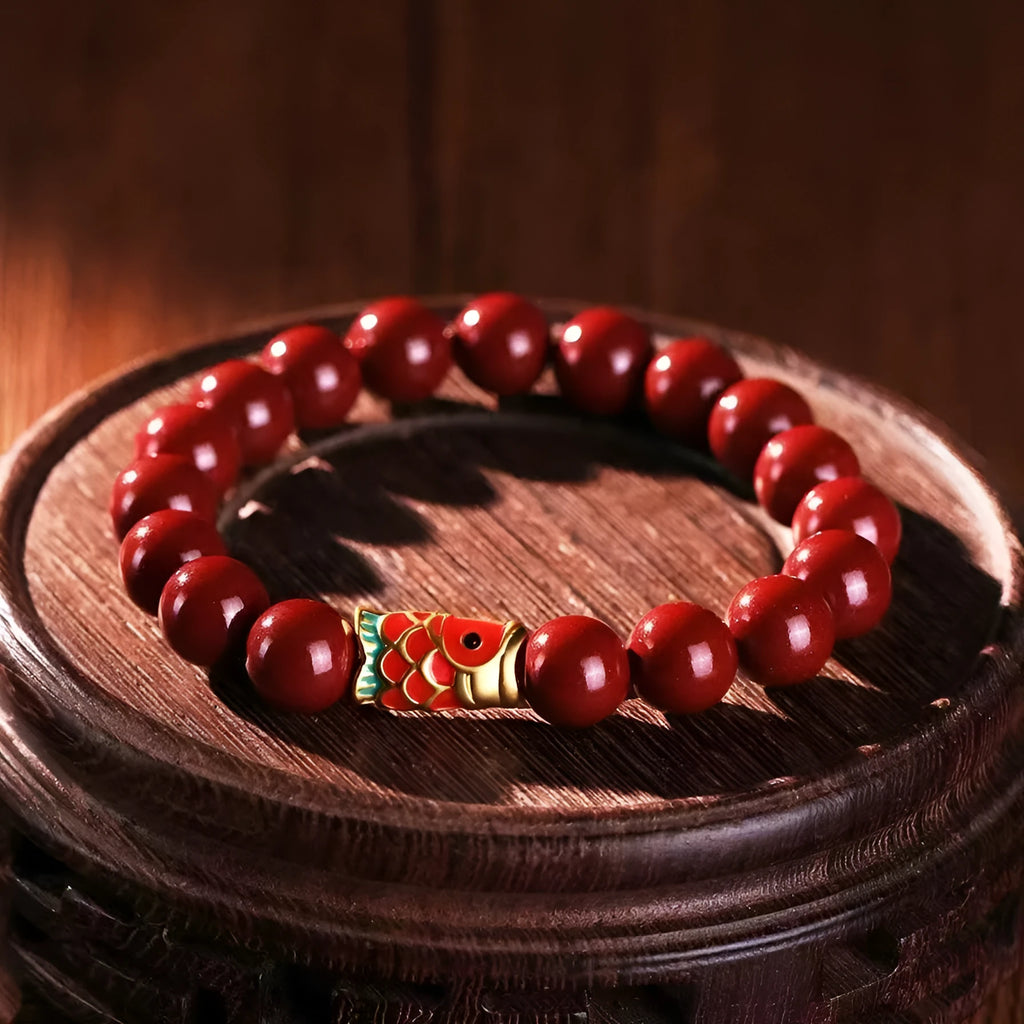 Natural cinnabar koi bracelet with golden ball model in national style, available in 4mm and 6mm sizes