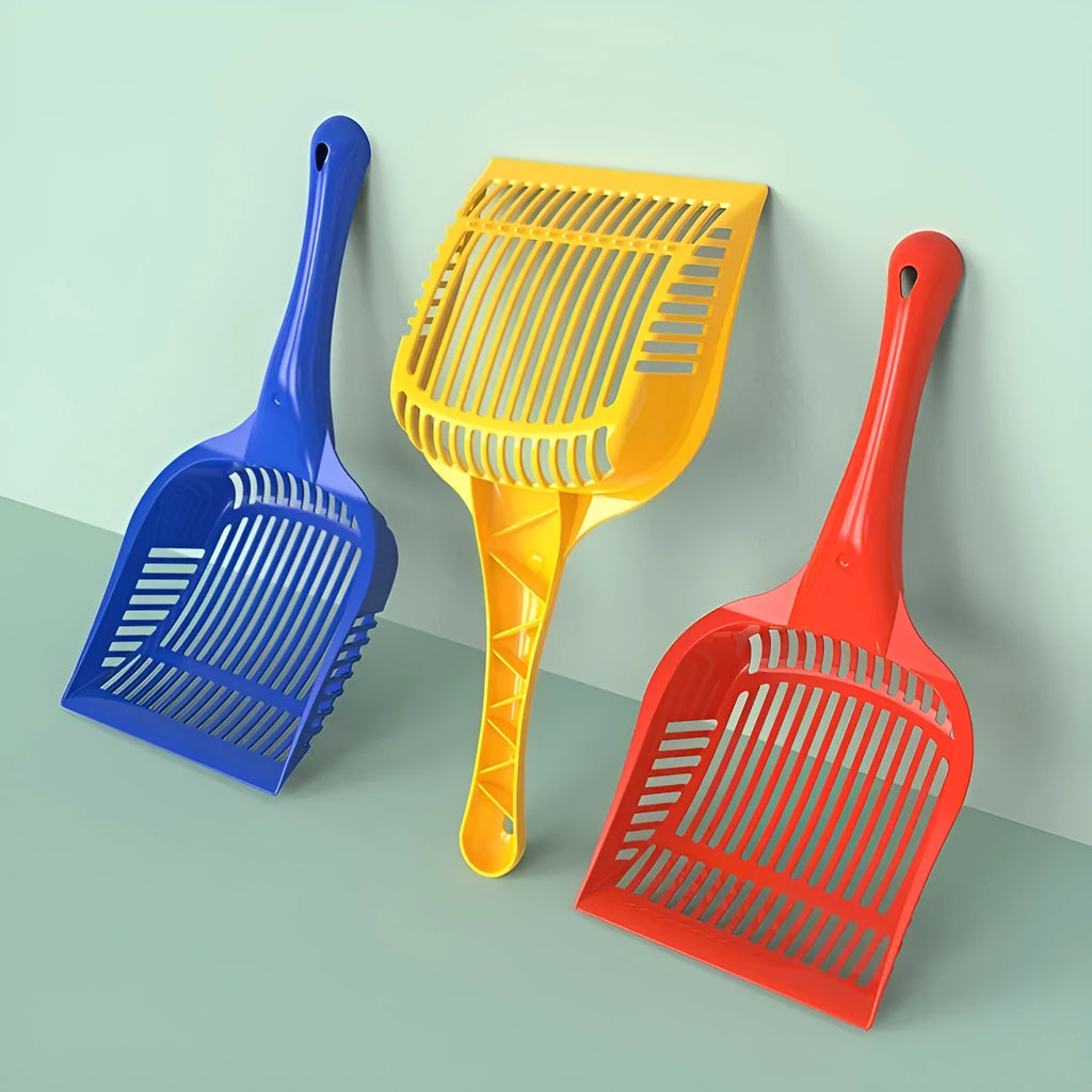 Red, yellow, and blue plastic cat litter scoops in small and medium sizes for pet toilet cleaning
