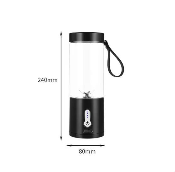 Black rechargeable portable juicer with USB charging port, 530ml capacity, and PC food grade plastic liner
