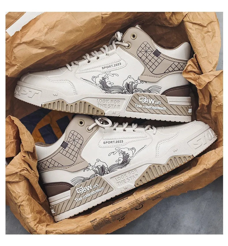 Men's beige broad fit casual sports high-top board shoes with rubber sole and mesh lining