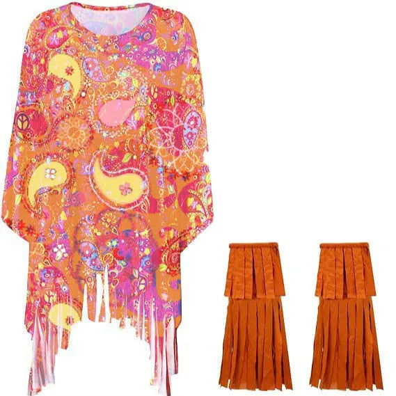 Tie dye spandex cloak costume with bell sleeves in rainbow colours for Halloween parties