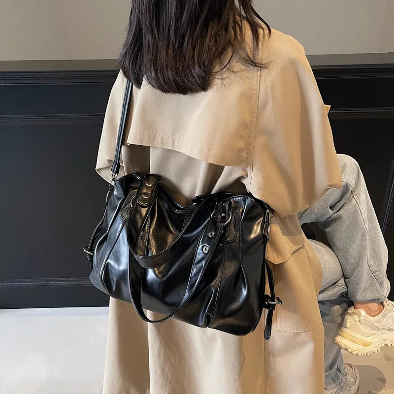 Large capacity women's messenger bag in soft PU leather, horizontal square shape, with double shoulder straps, available in multiple colours
