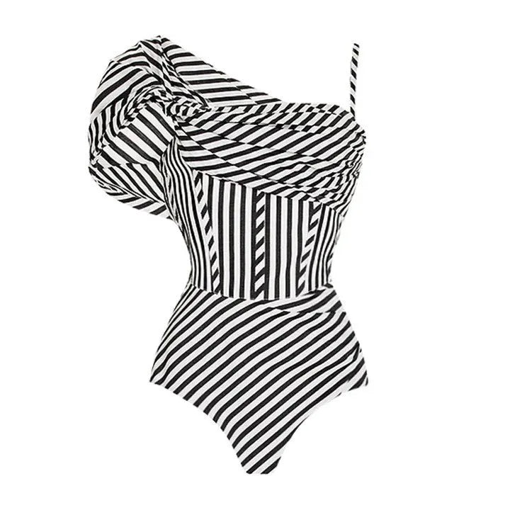 Women's striped one-piece swimsuit with ruffles in Y227 colour options.