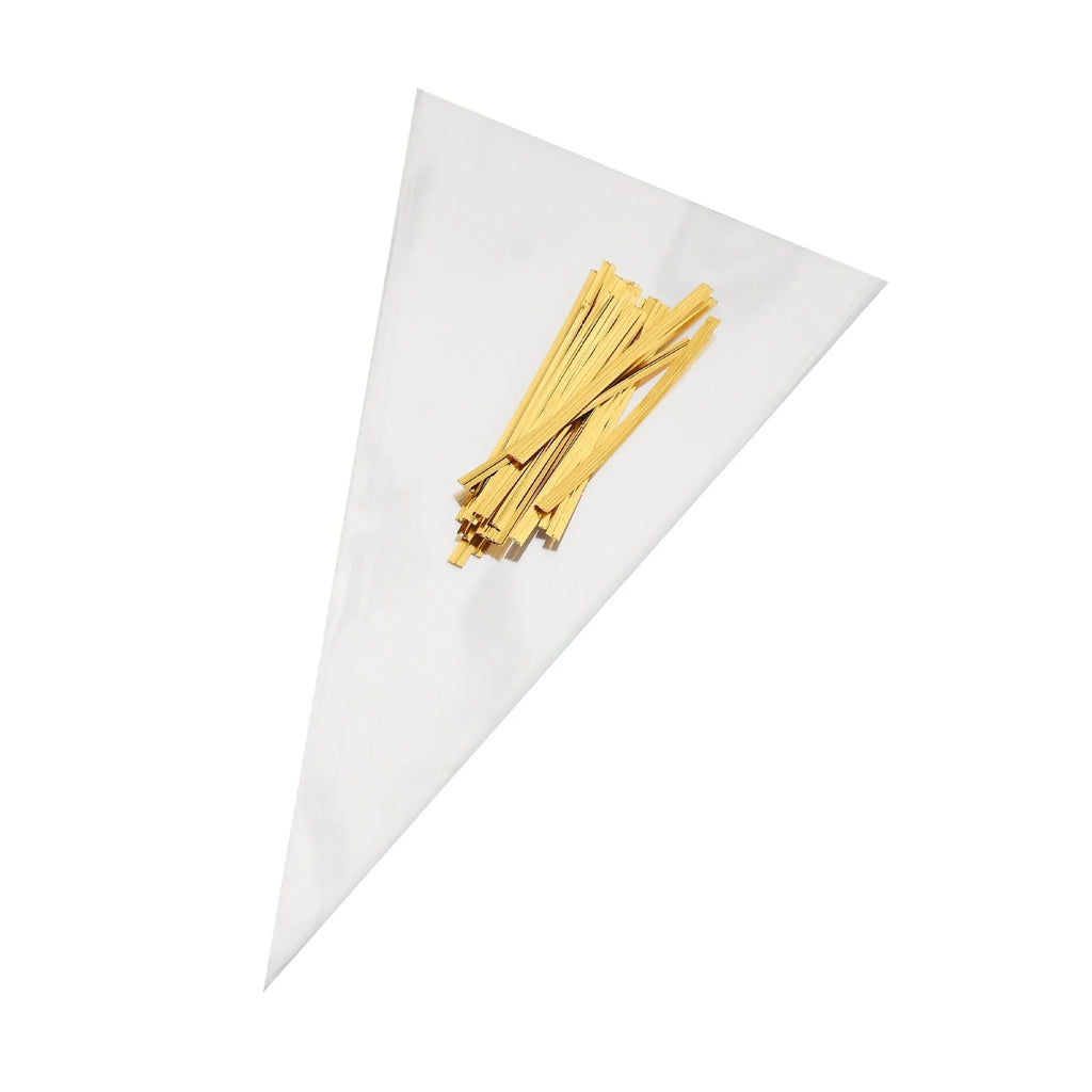 Transparent triangular plastic bag with a red wire tie closure.