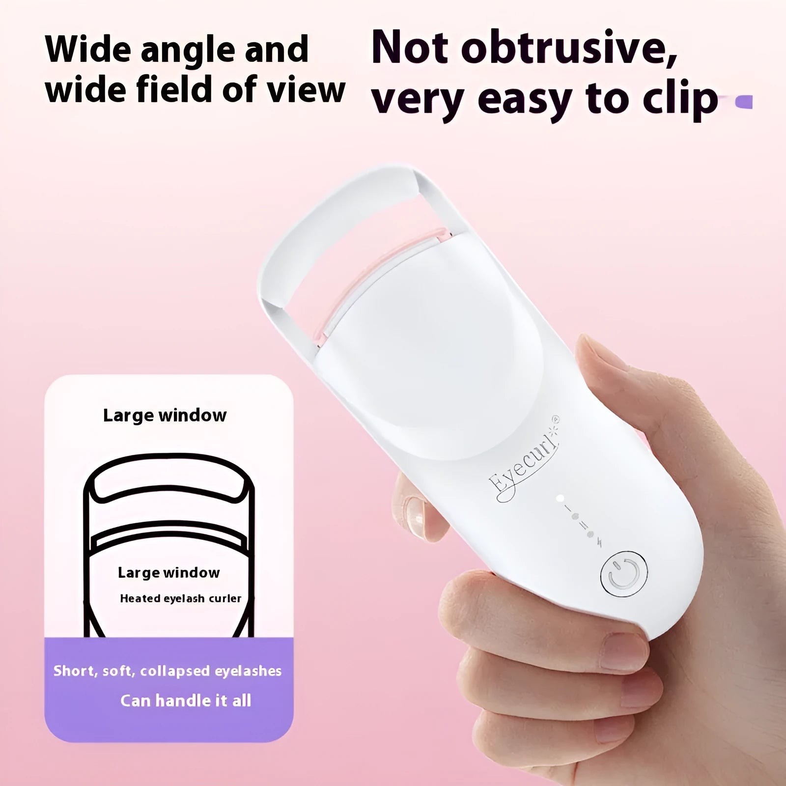 Electric heating eyelash curler in plastic housing with USB cable on a vanity