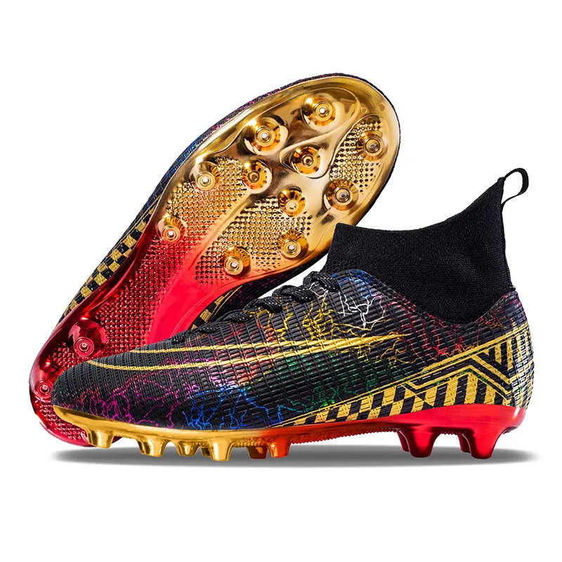 Men's high-top football training shoes with a gold-plated sole on an artificial grass surface