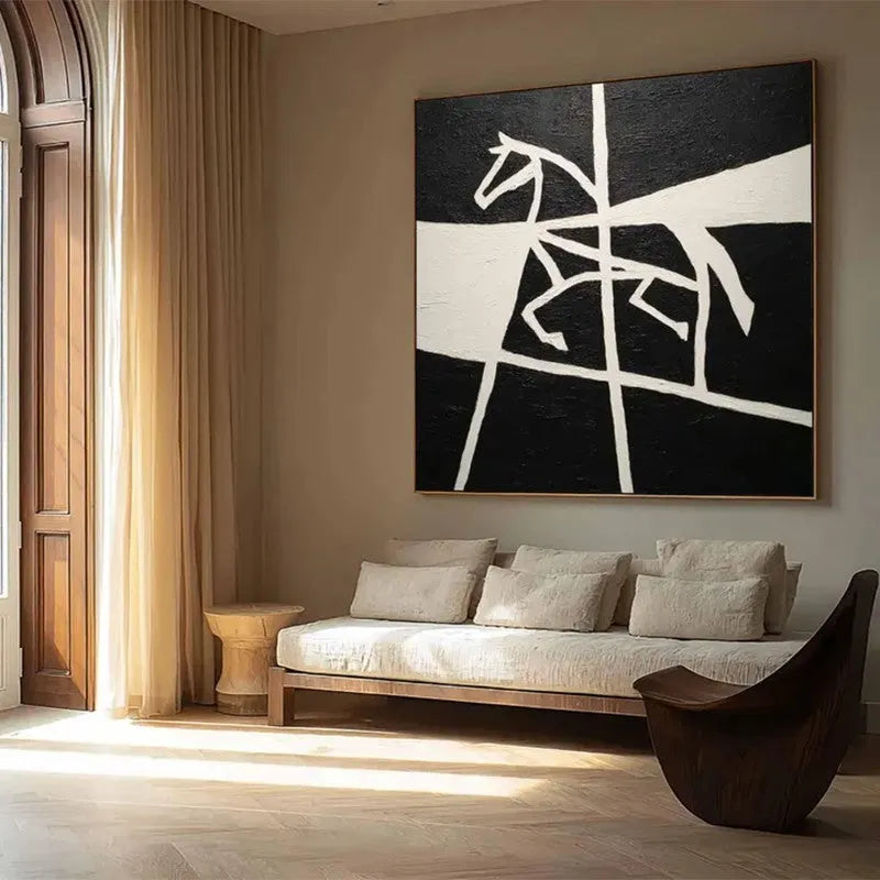 Handmade black and white horse oil painting on square canvas, unframed, for living room wall decor