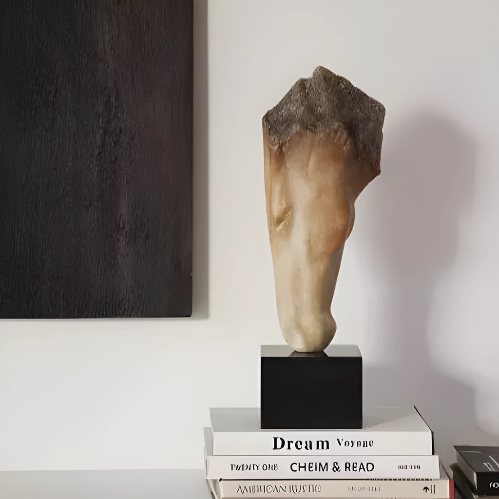 Tall abstract horse head desktop sculpture with a carved finish on a wooden surface.