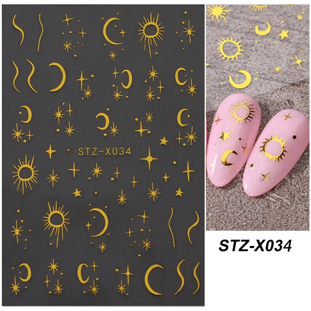 Sheet of black and silver strip nail art stickers with cartoon and love heart designs