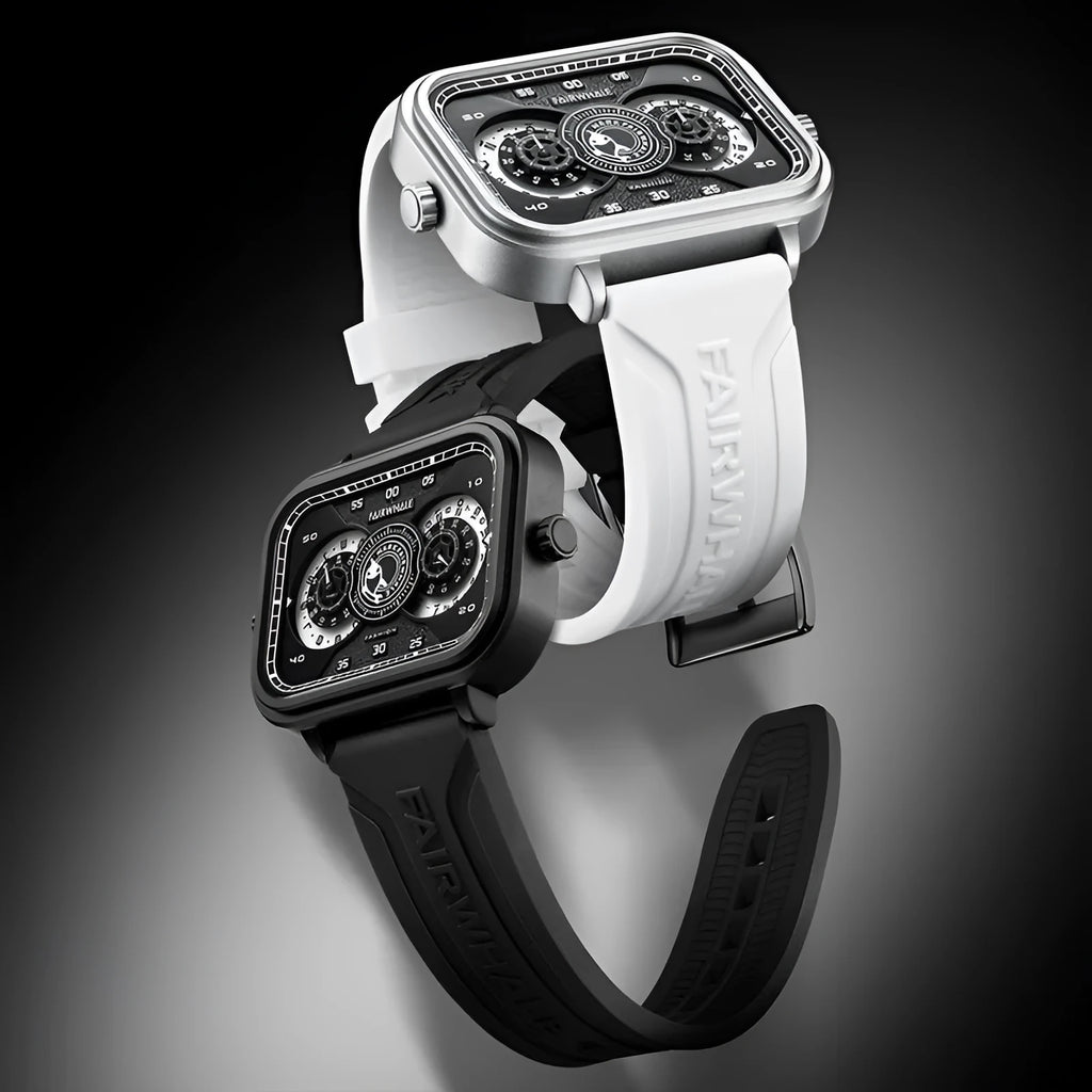 Men's multi-functional quartz watch with luminous display, alloy case, and silicone strap on a white background