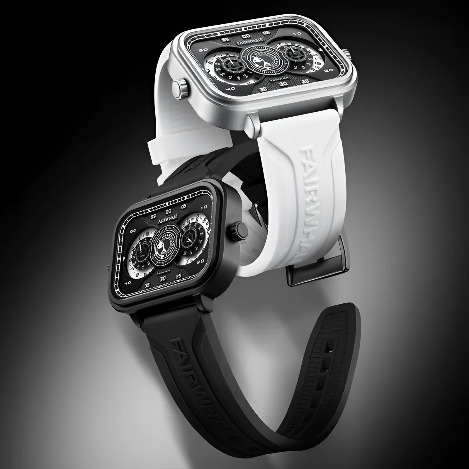 Men's multi-functional quartz watch with luminous display, alloy case, and silicone strap on a white background