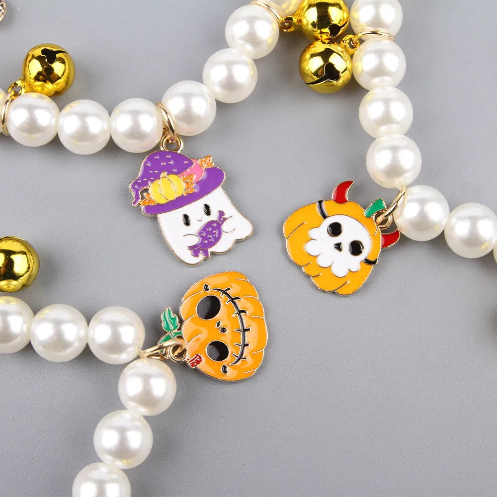 Halloween cat collar decoration with simulated pearls and pumpkin designs