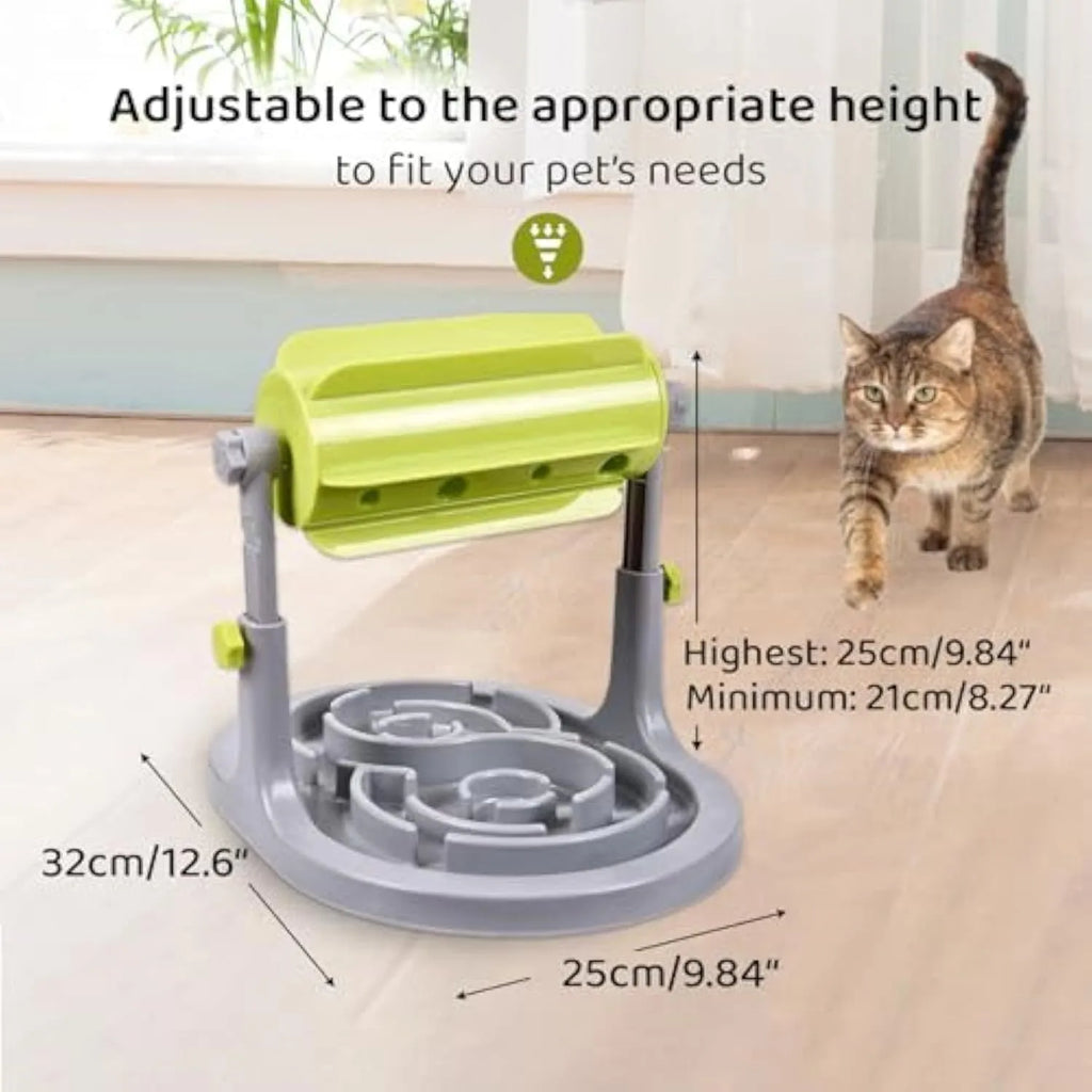 Blue adjustable height interactive pet slow feeder bowl with raised feeding patterns