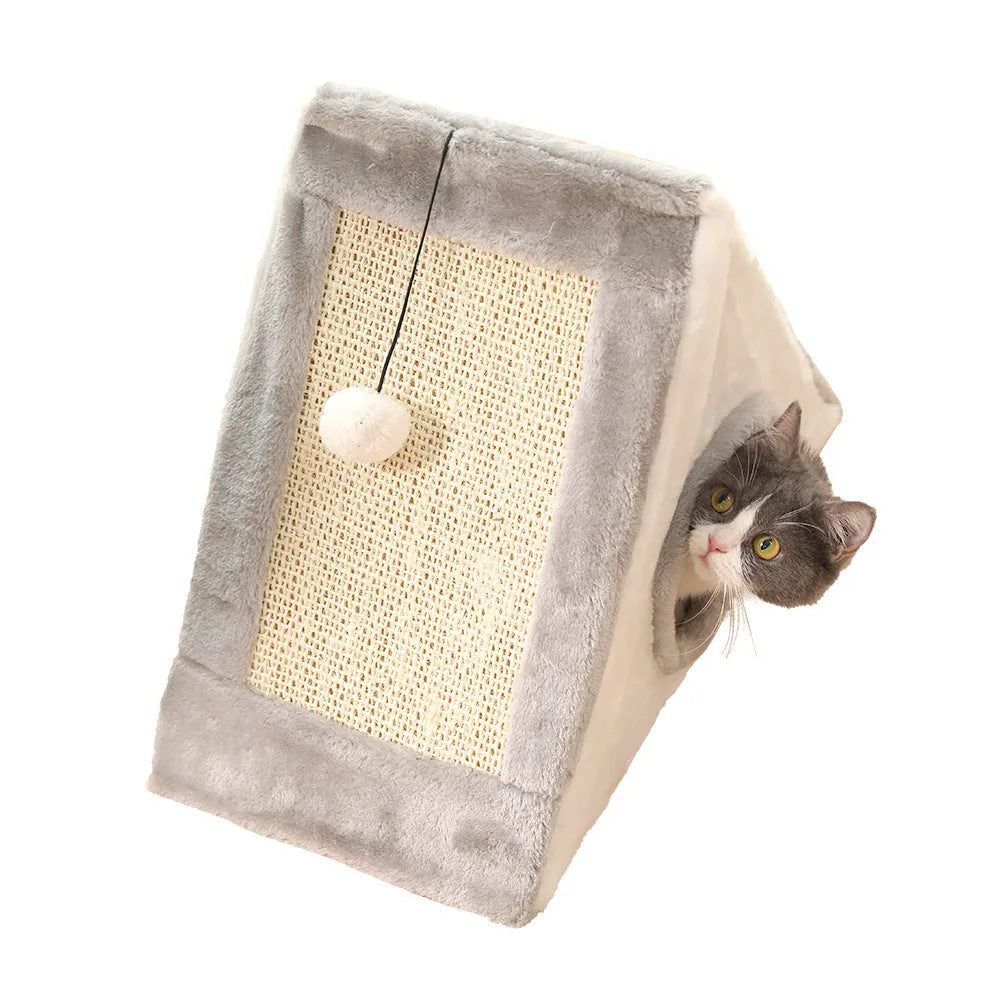 Grey and white triangle-shaped cat nest bed with an integrated sisal scratching post on the side.