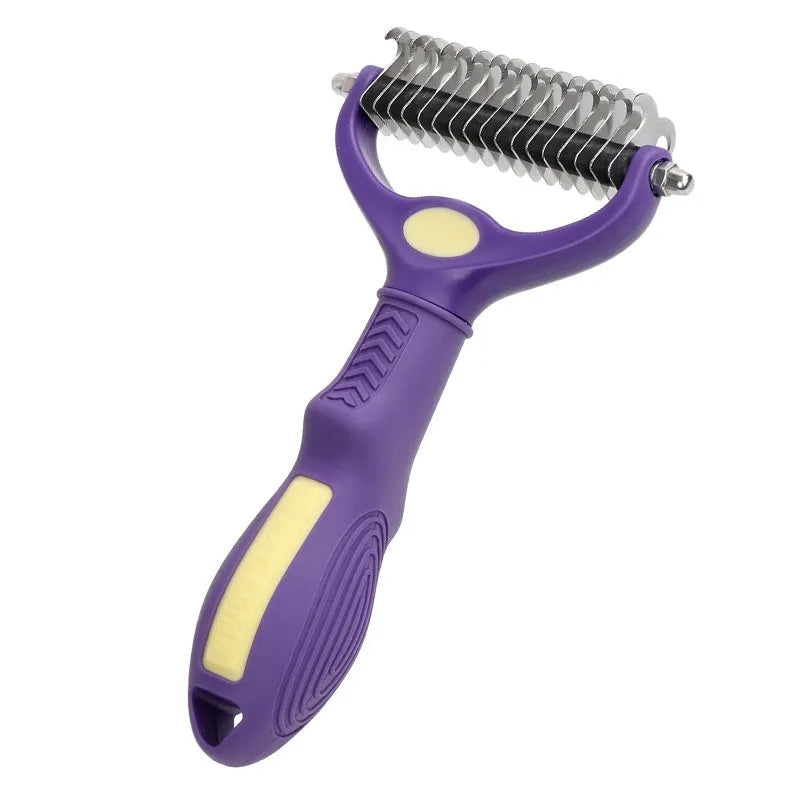 Purple double-sided plastic dog comb for grooming and untying knots, showing ergonomic handle.