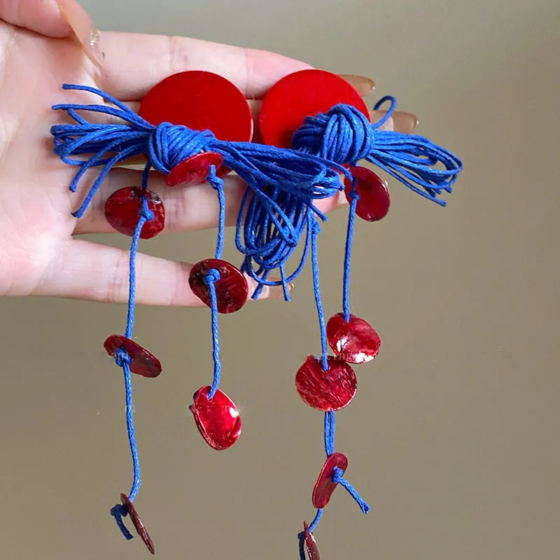 Handmade geometric cloth earrings with silver needle blue resin flower decoration