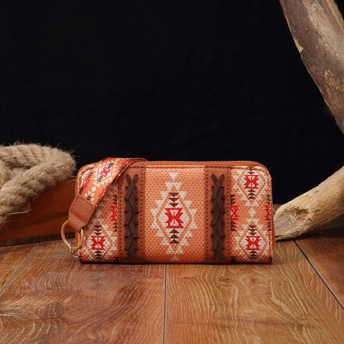 Vintage cotton and linen printed bohemian hand-carrying wallet card holder with contrast colour stitching