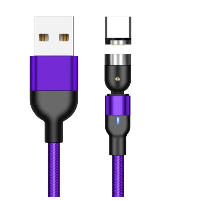 Essager black magnetic USB cable with rotating connector and blue LED light, shown next to phone