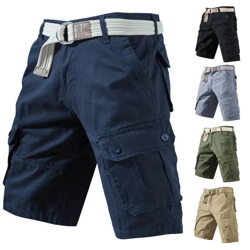 Summer cargo shorts with pockets in solid colour, loose fit cotton fabric, fifth-length style