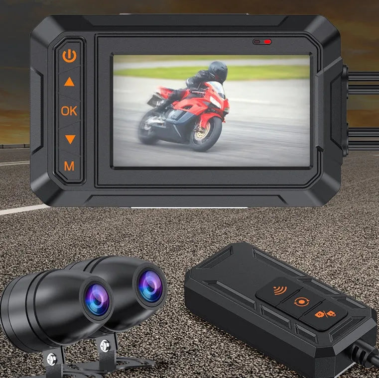 MT65 motorcycle camera with 3-inch display shown mounted on a bike armrest
