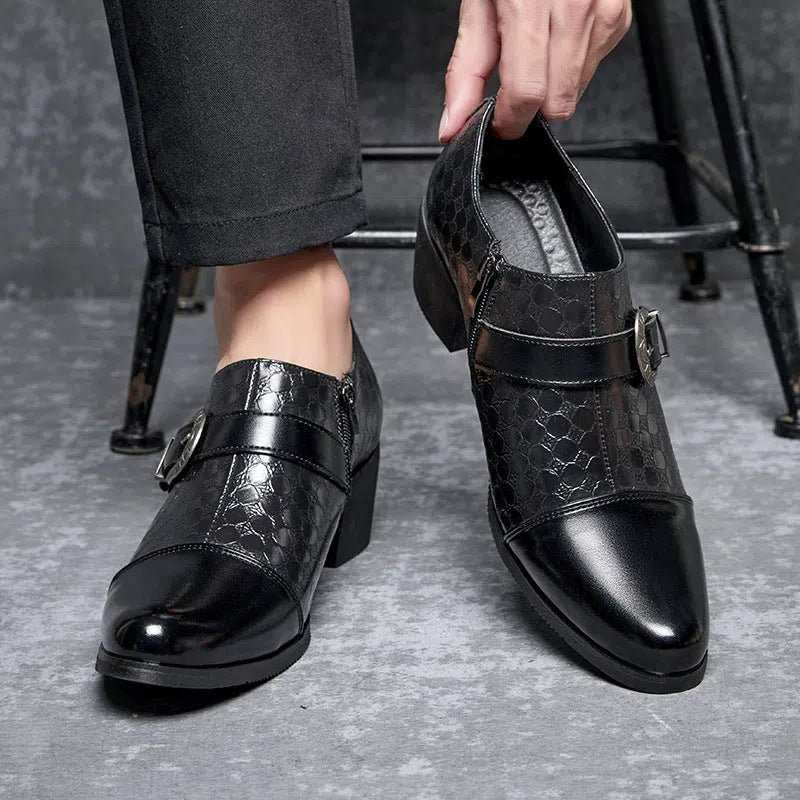 Men's casual snakeskin Cuban leather lace-up round toe shoes in black and brown rubber sole