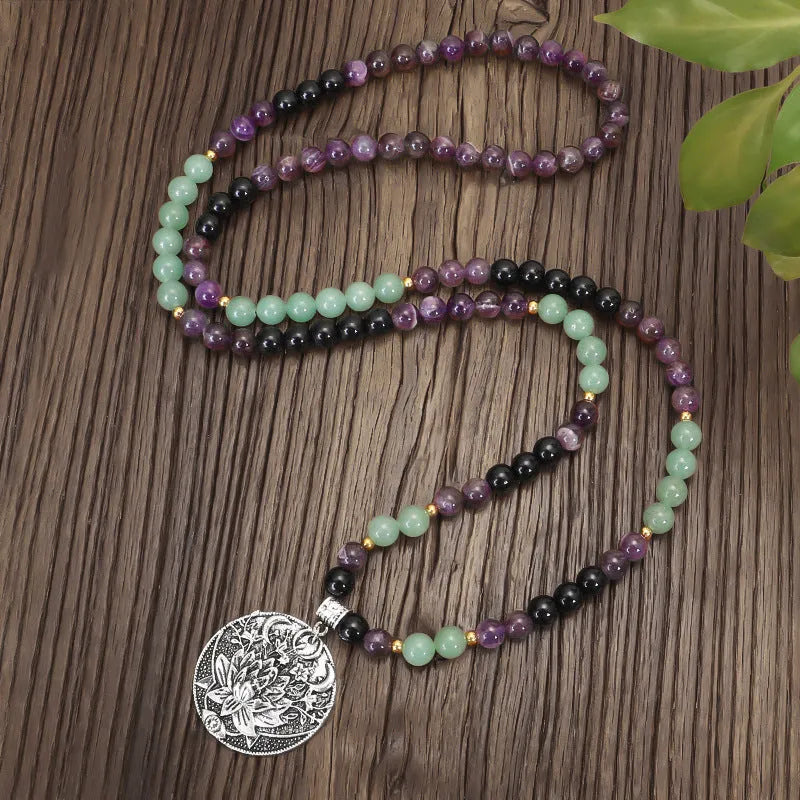 Yoga lotus pendant necklace with matching bracelet, adjustable 51-80cm length, handmade stone beads