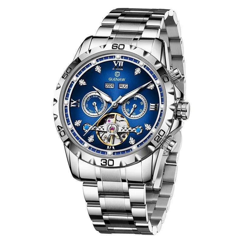 Men's automatic mechanical business watch with stainless steel strap and mineral glass face in multiple colour options