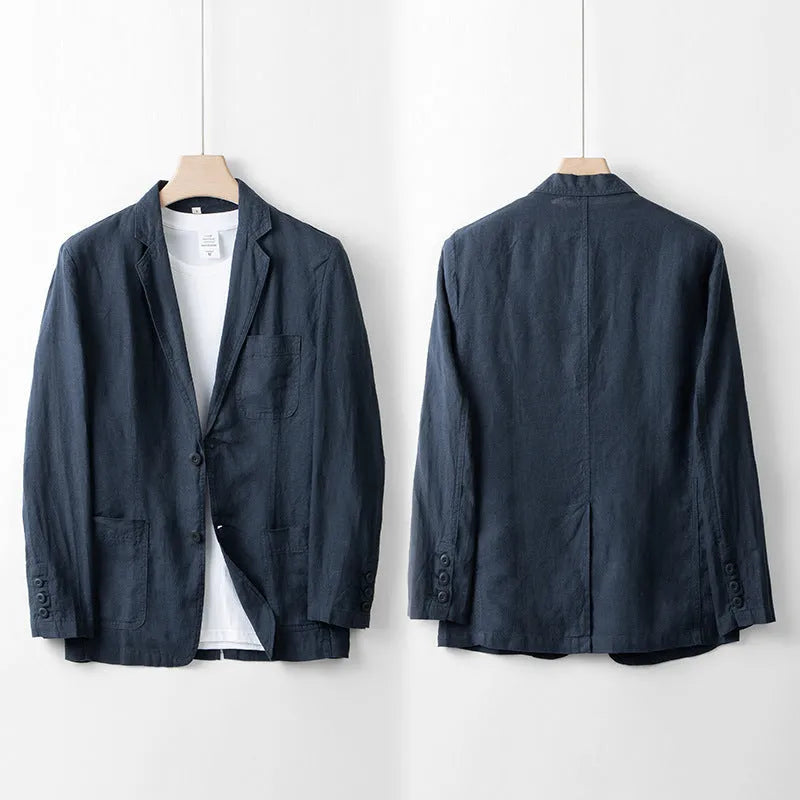 Men's loose fit linen casual suit jacket in solid colour, shown in available colours: white, black, natural linen, sky blue, navy blue.