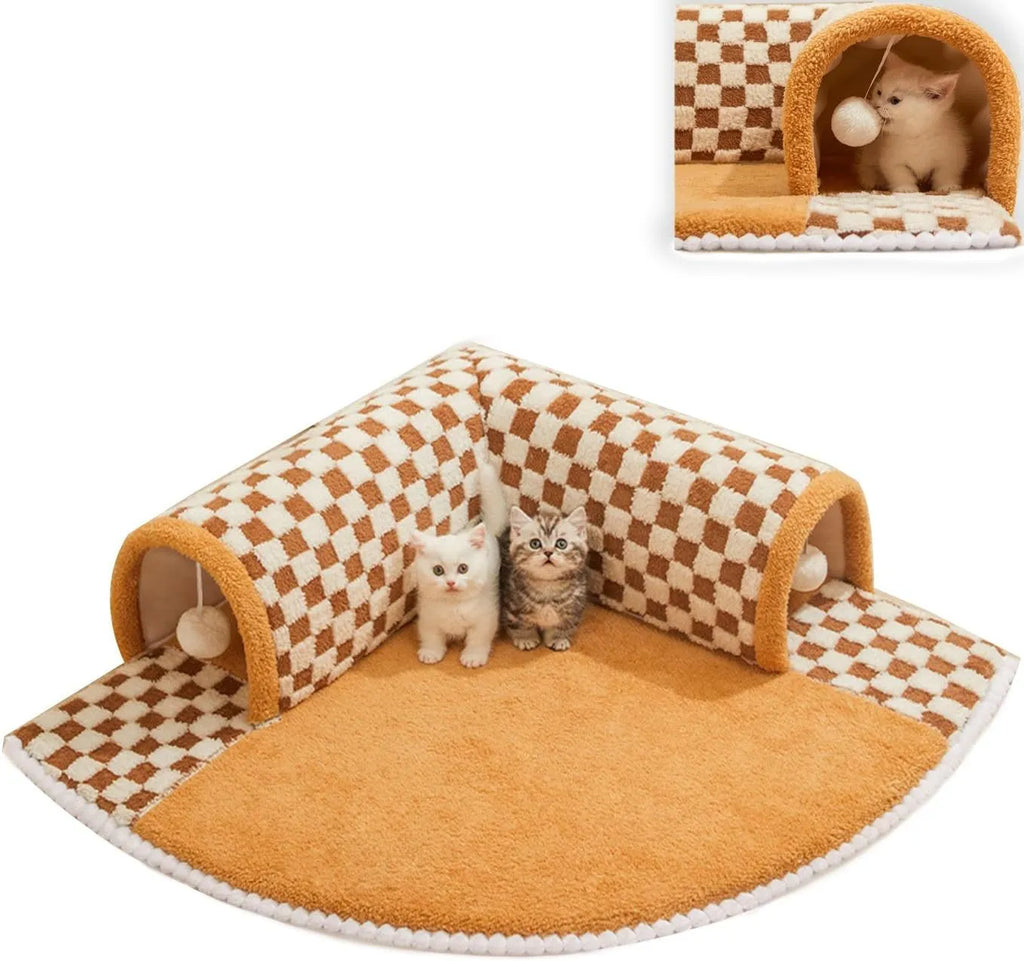 Brown plaid plush cat tunnel bed with central mat showing collapsible zipper design and non-slip bottom