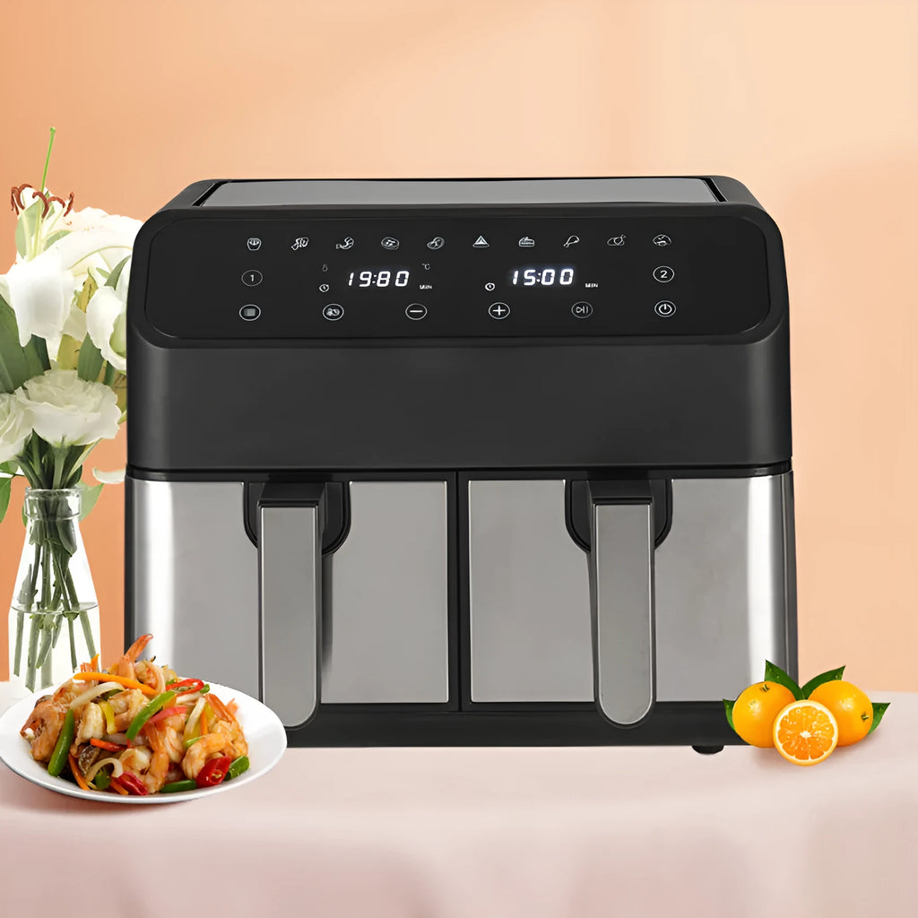 Household multi-function double pot air fryer 8L stainless steel with touch screen and dual baskets