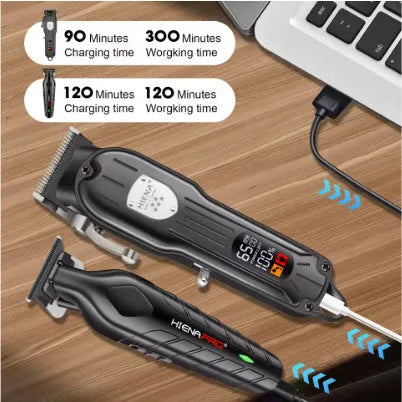 Black professional hair clipper set with USB charging port and adjustable length settings