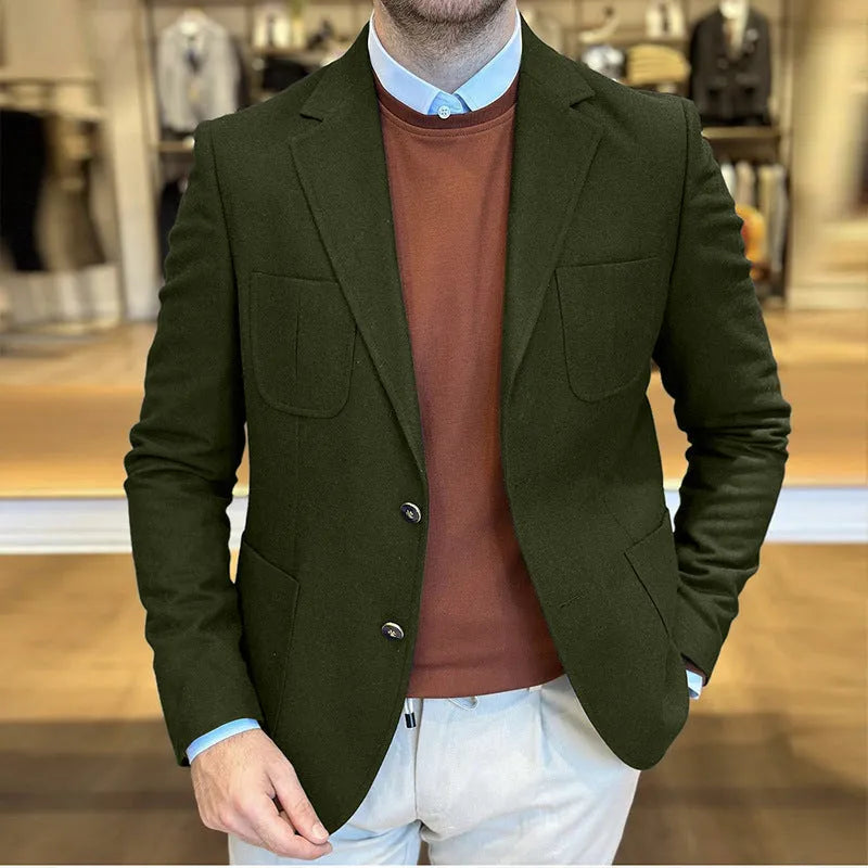 Men's loose fit cotton casual jacket in retro style shown in army green colour