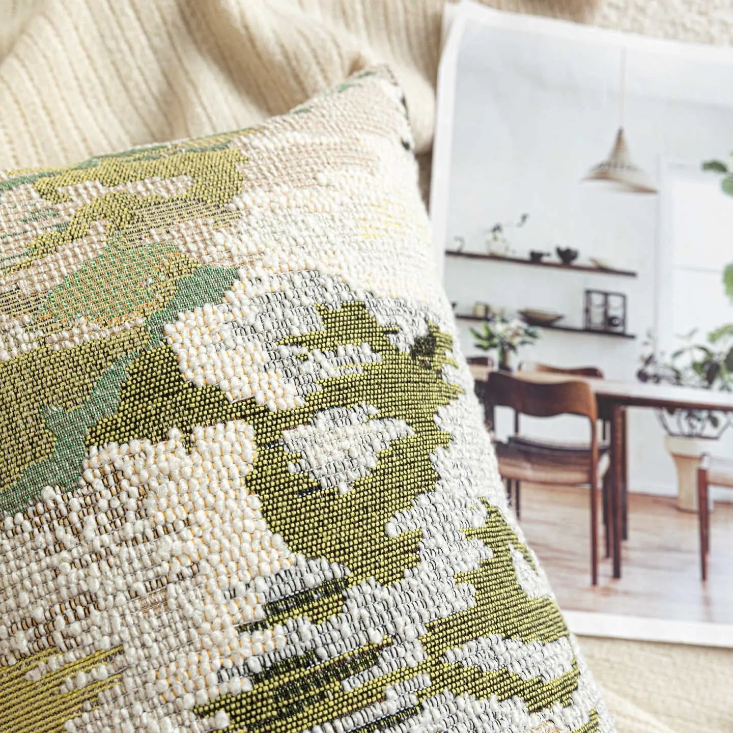 French antique style green wool blended cushion with abstract floral print in 50×50cm size