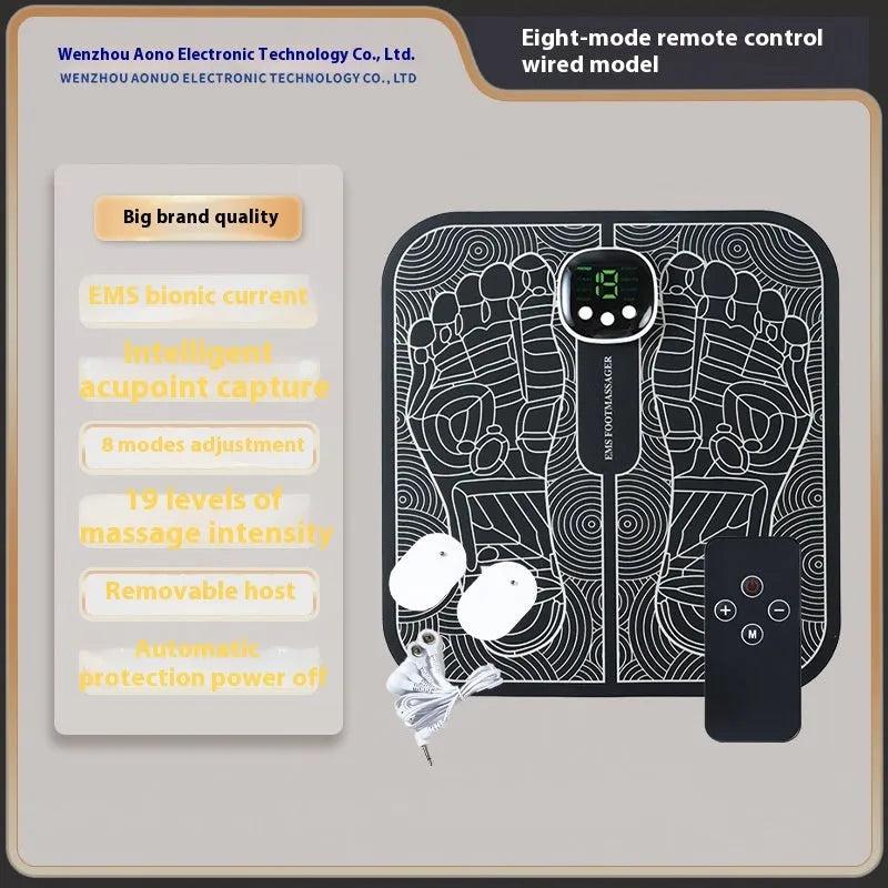 Blue reflexology foot massager mat with USB charging cable and remote control