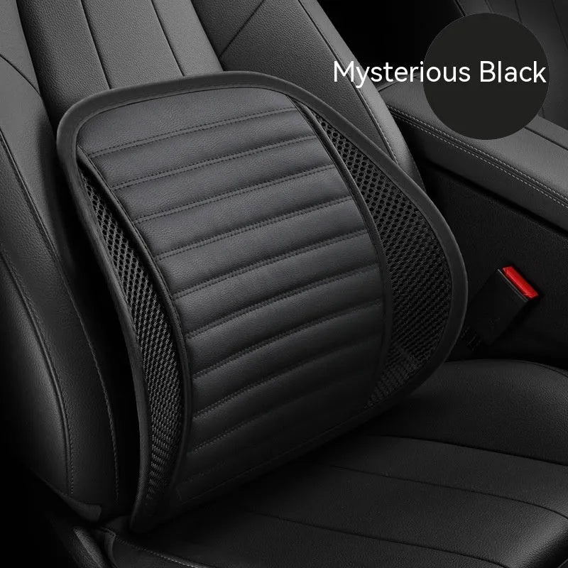 Leather lumbar support cushion for car seats showing colour options including sapphire blue, amber brown and mysterious black