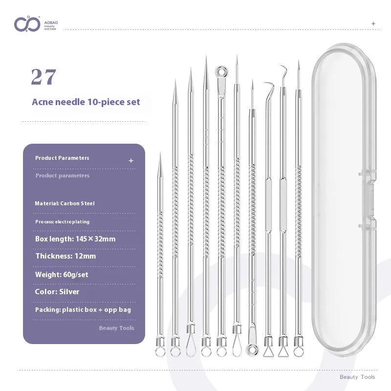 Four-piece silver metal acne needle set with fine-pointed needles and a clip for skin blemish removal.
