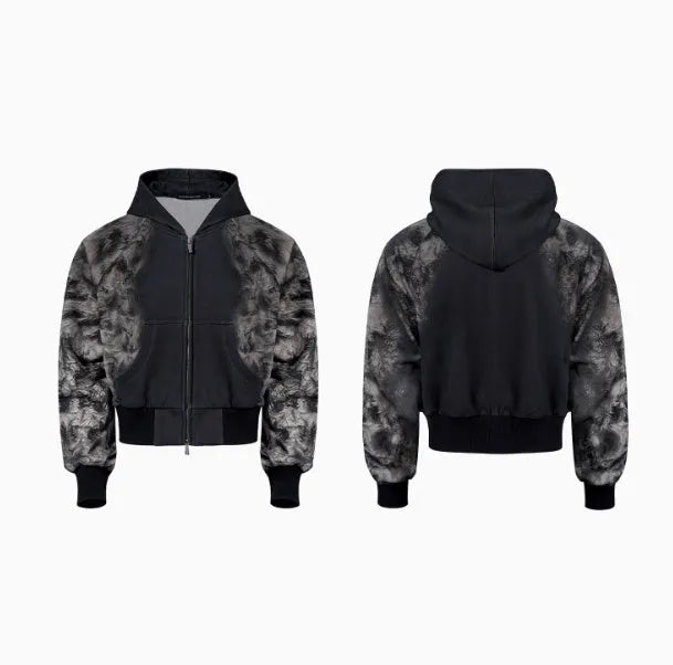 Streetwear set showing trousers, hoodie, and shorts in printed polyester fabric with loose fit design