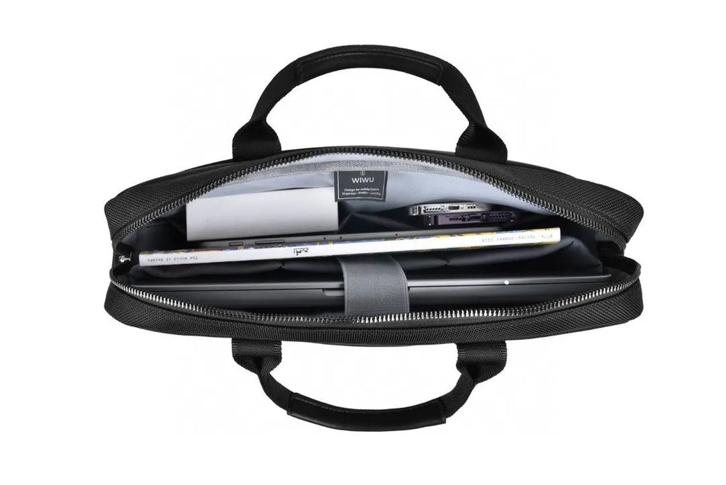 Black oxford cloth laptop backpack showing multiple pockets and a separate padded computer compartment.